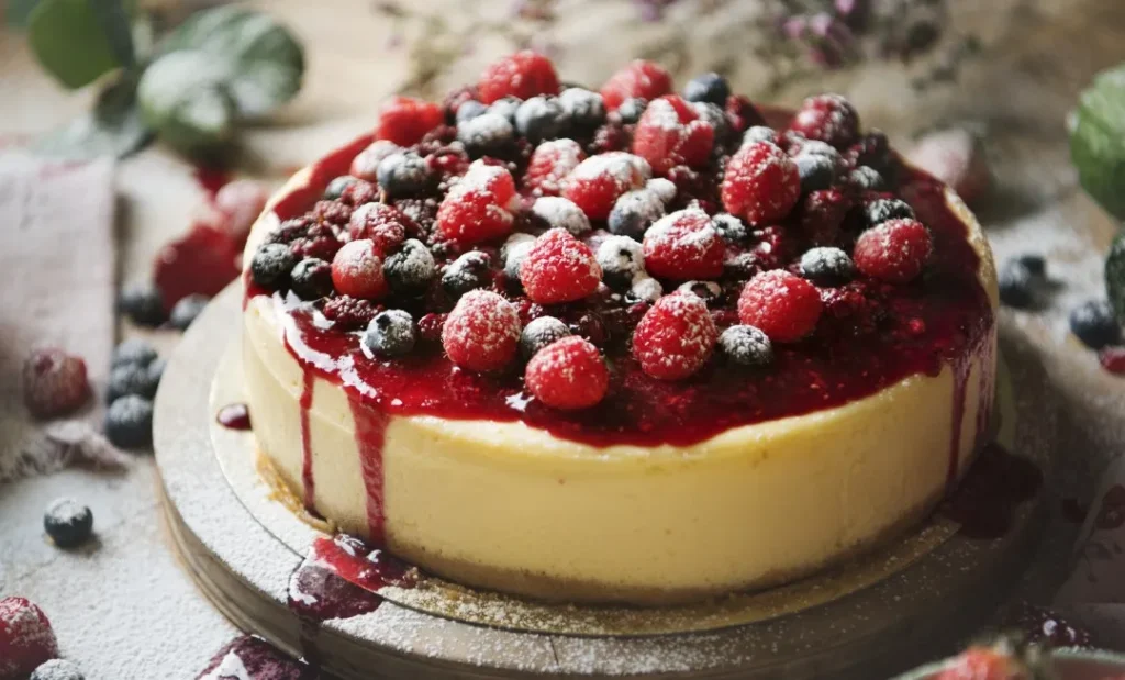 Cheesecake entero cubierto de mermelada roja, arándanos y frambuesas espolvoreadas con azúcar glass en una base