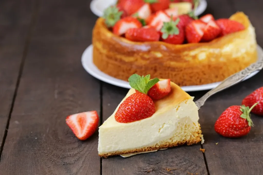 Rebanada de cheesecake servida con fresas frescas y menta, con el resto del pastel de fondo en una mesa de madera.