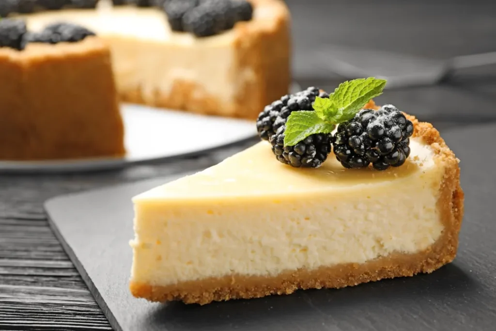 Una porción de cheesecake cremosa con galleta, decorada con tres moras negras frescas y hojas de menta encima.